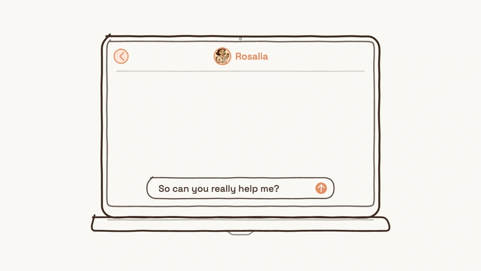 A hand-drawn laptop showing a chat with sokoon's character Rosalia, with the user typing "So can you really help me?"