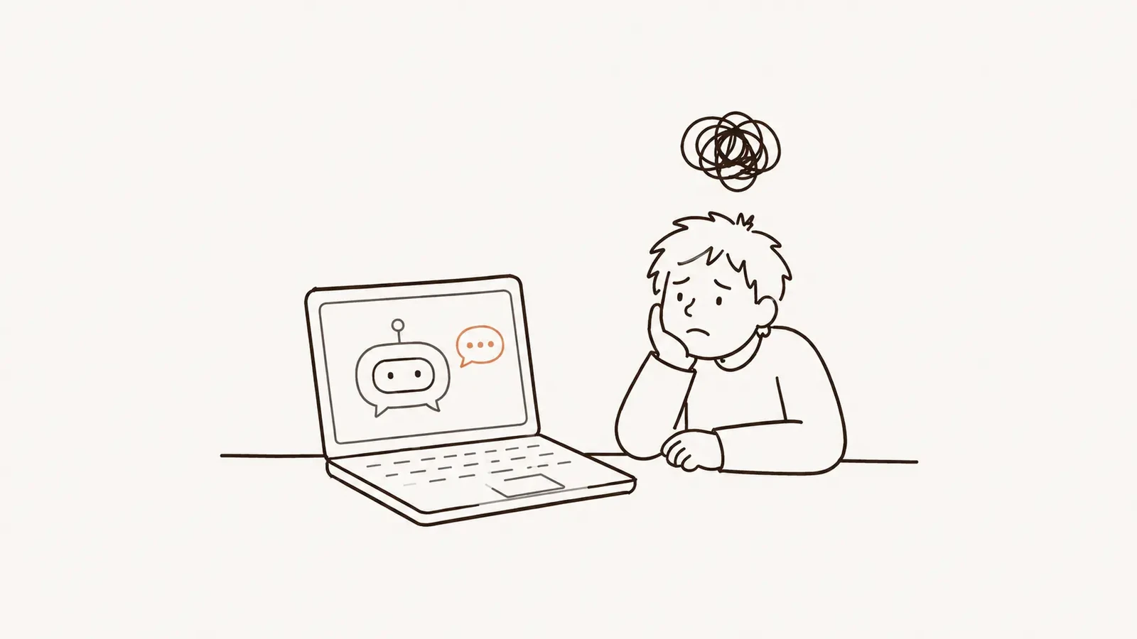 A person resting their chin on their hand at a desk, looking troubled under a tangled thought scribble, while a laptop beside them shows a robot chatbot with a speech bubble