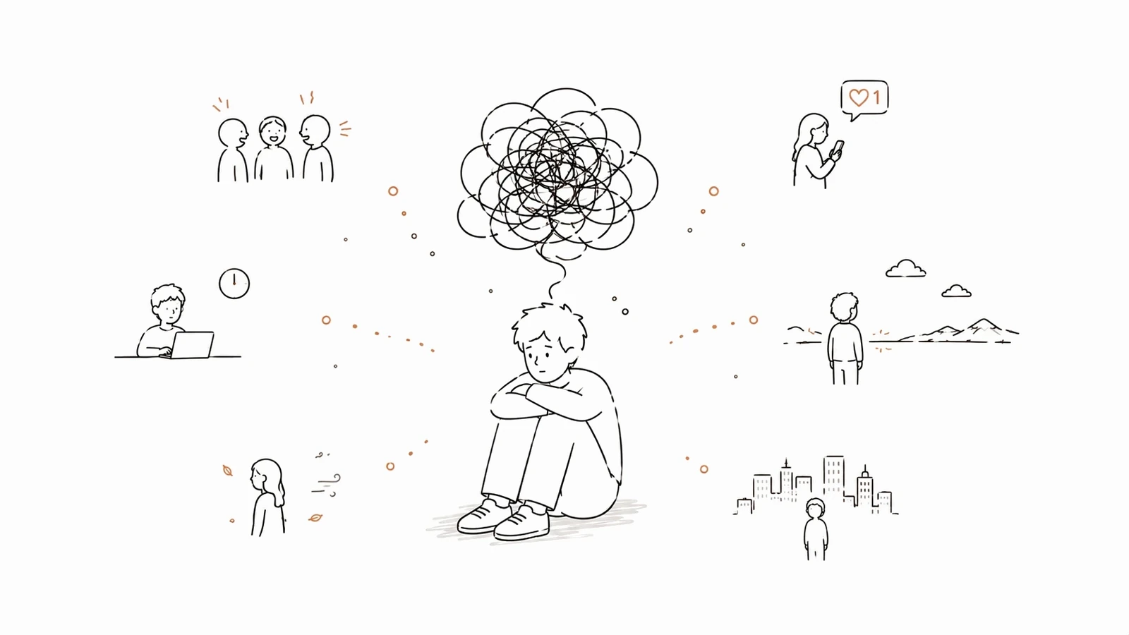 A person sitting alone with their arms wrapped around their knees under a tangled thought scribble, surrounded by six faded vignettes of everyday disconnection: a group conversation, working at a laptop, walking alone, a phone notification, an empty landscape, and a crowded city