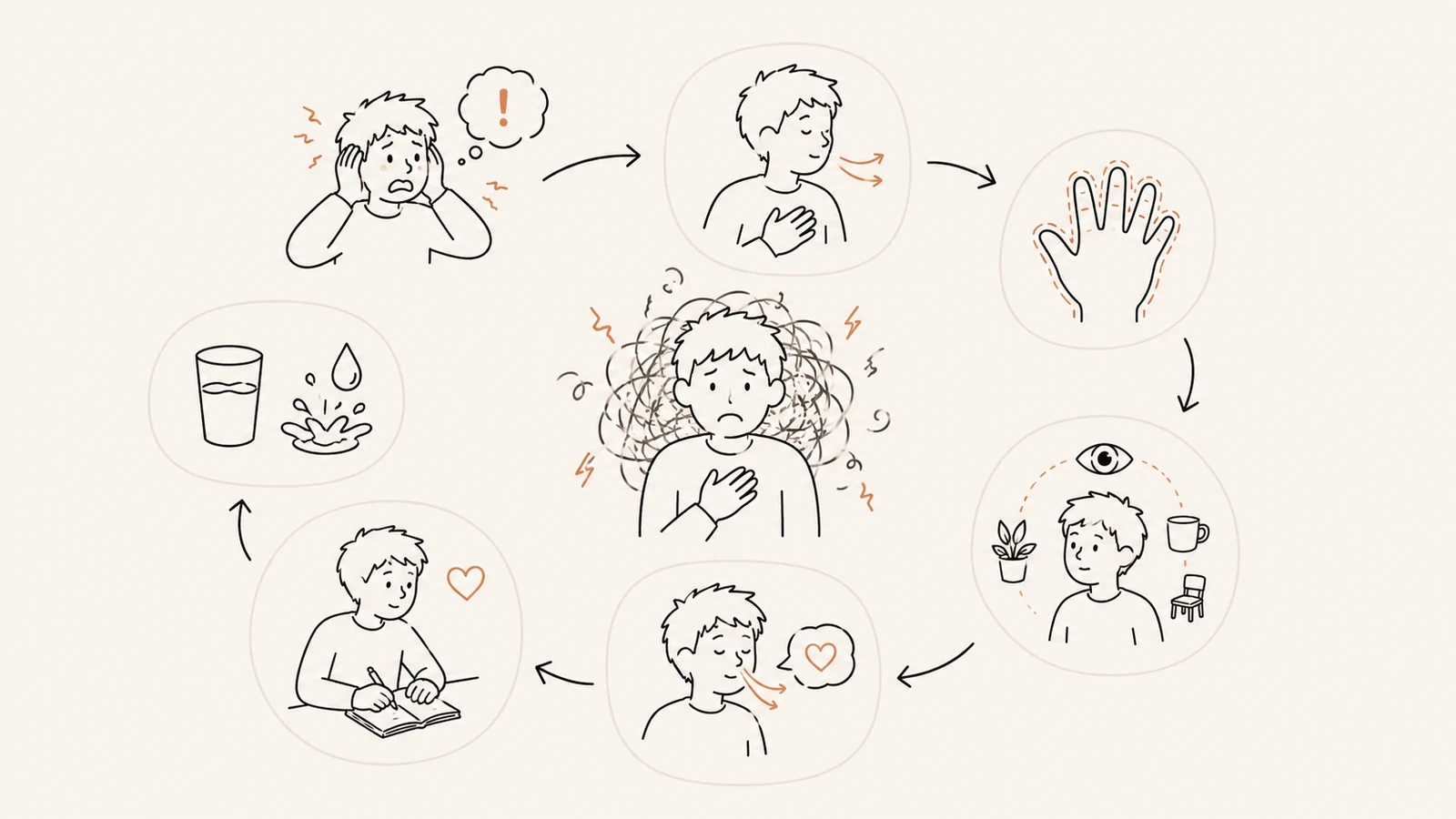 A seven-step circular diagram of a panic attack grounding technique: a distressed person in the center, surrounded by steps showing a hand on the chest, five fingers, noticing surroundings, a heart, drinking water, and writing in a journal