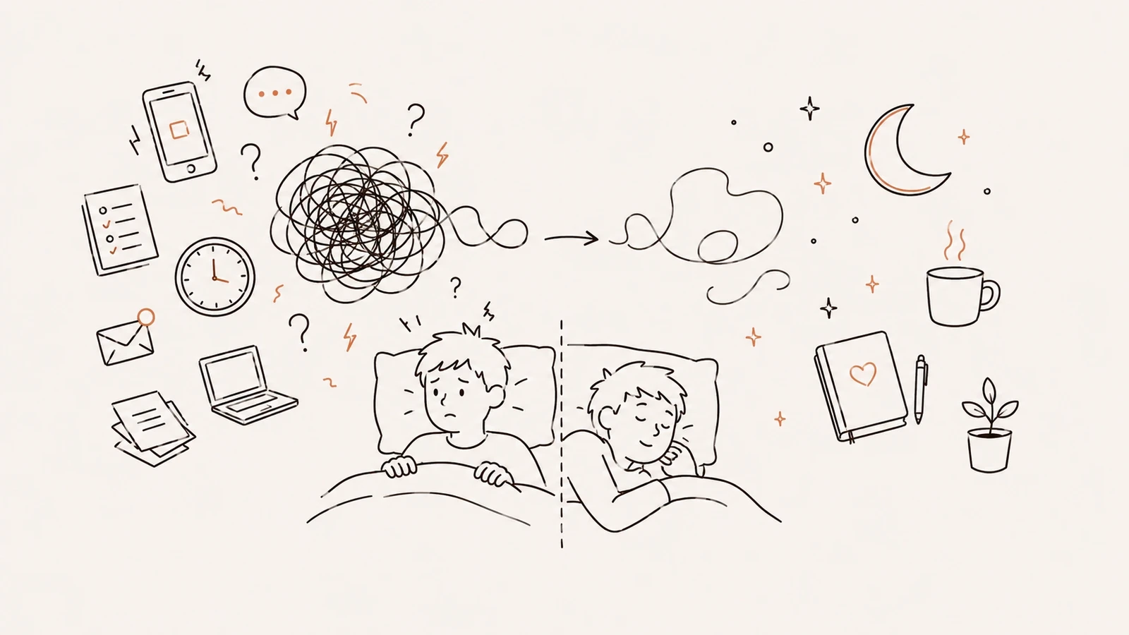 A split scene of the same person in bed: awake and tense on one side surrounded by a phone, clock, and tangled scribble of thoughts, and asleep on the other side beside a moon, journal, and steaming cup