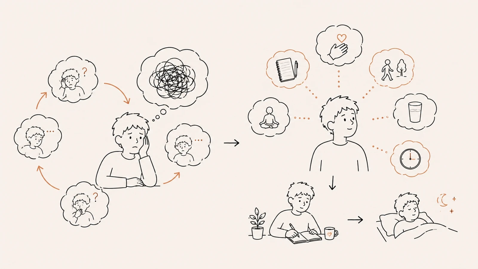 A left panel showing a person's face in a repeating loop of worried thought bubbles connected by arrows, and a right panel showing the same person surrounded by calming thought bubbles — meditation, a walk, water, a journal — then writing at a desk and finally sleeping peacefully