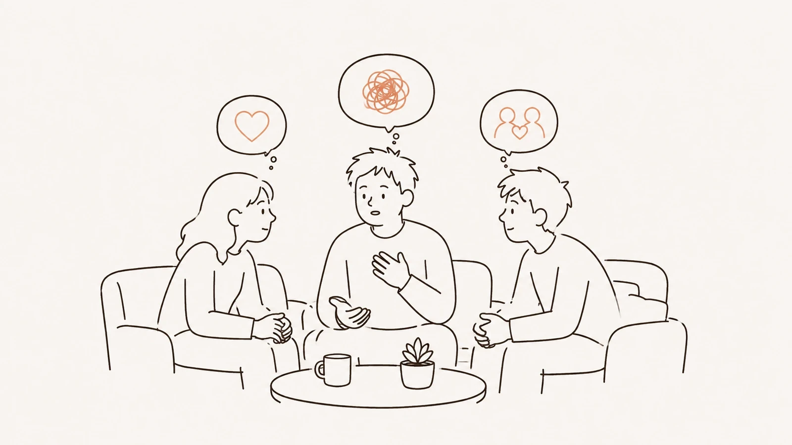 A person talking with two friends on a couch, each with a thought bubble above them — a heart, a tangled scribble, and two people with a heart between them