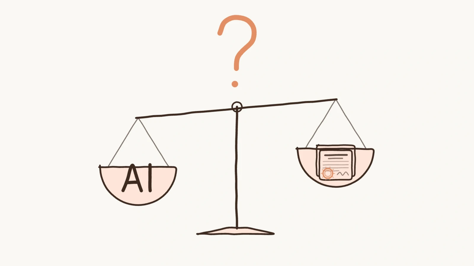 A hand-drawn balance scale weighing AI in text on one side against a certificate document on the other, with an orange question mark above the pivot