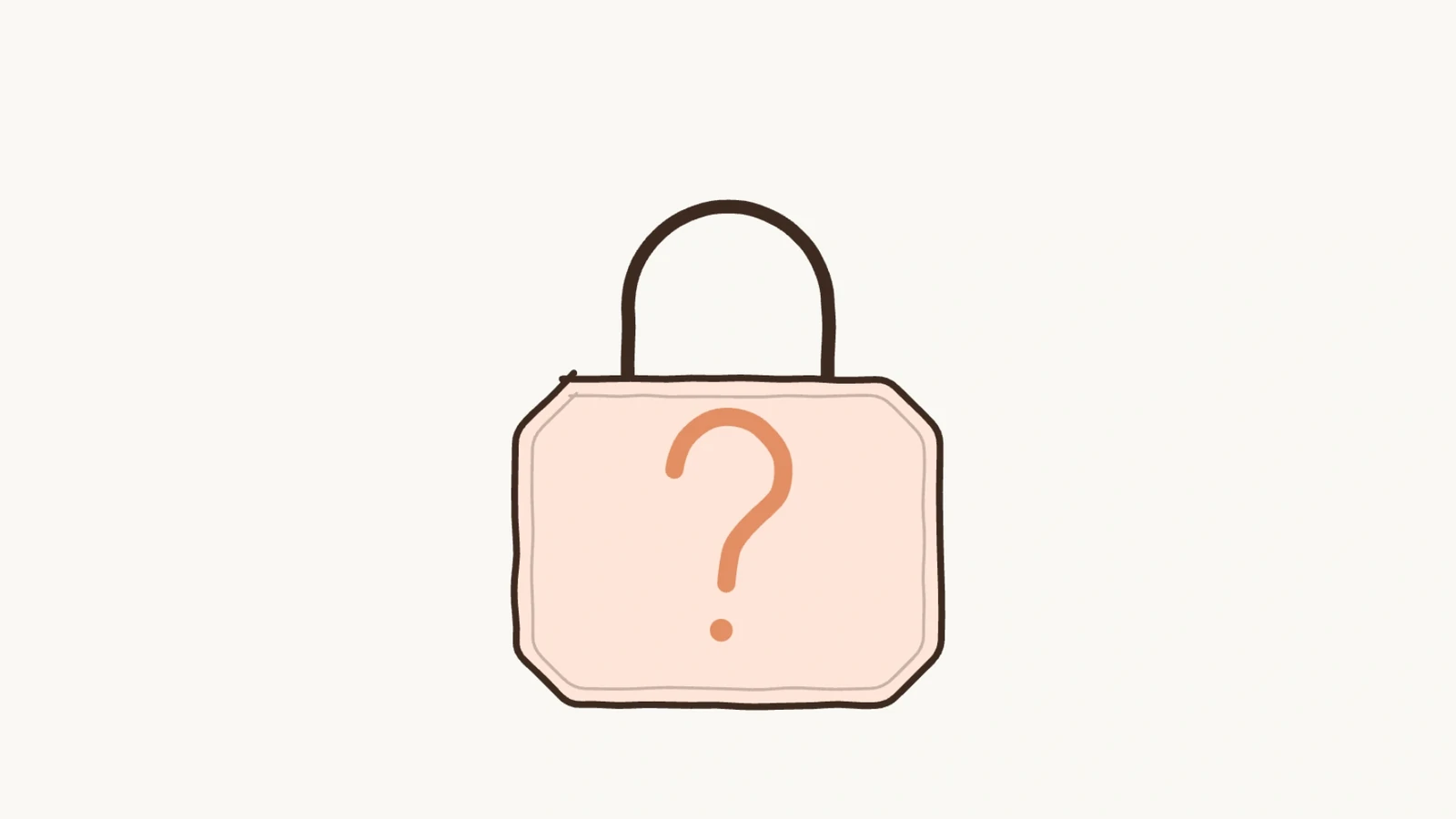 A hand-drawn padlock in peach with a brown shackle, with an orange question mark on its body