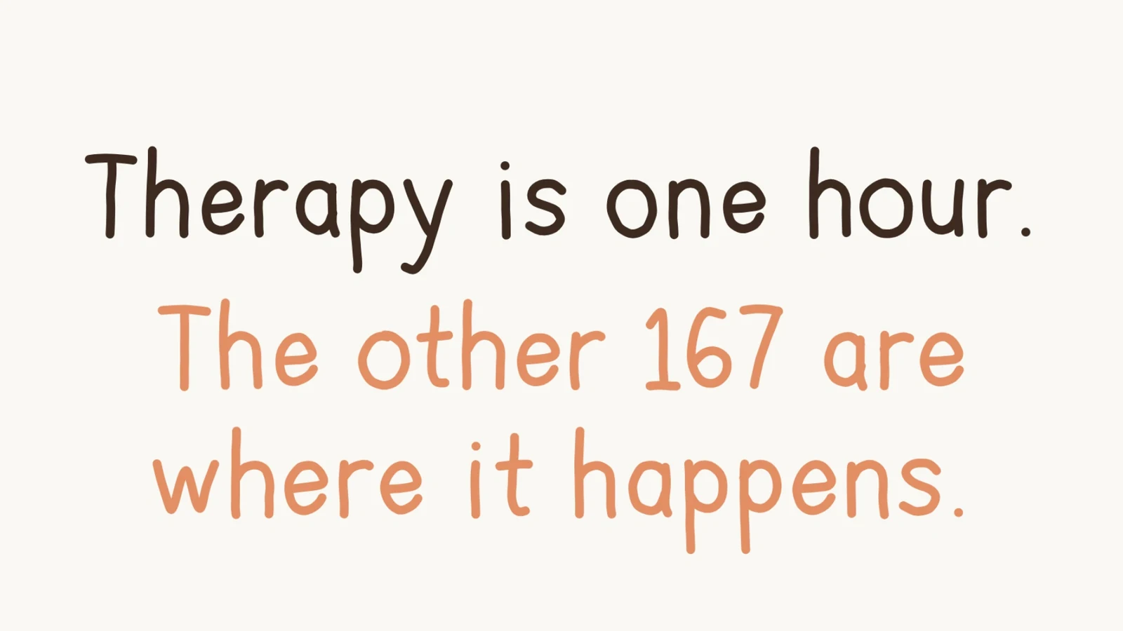The words Therapy is one hour, hand-drawn in brown, above The other 167 are where it happens in orange