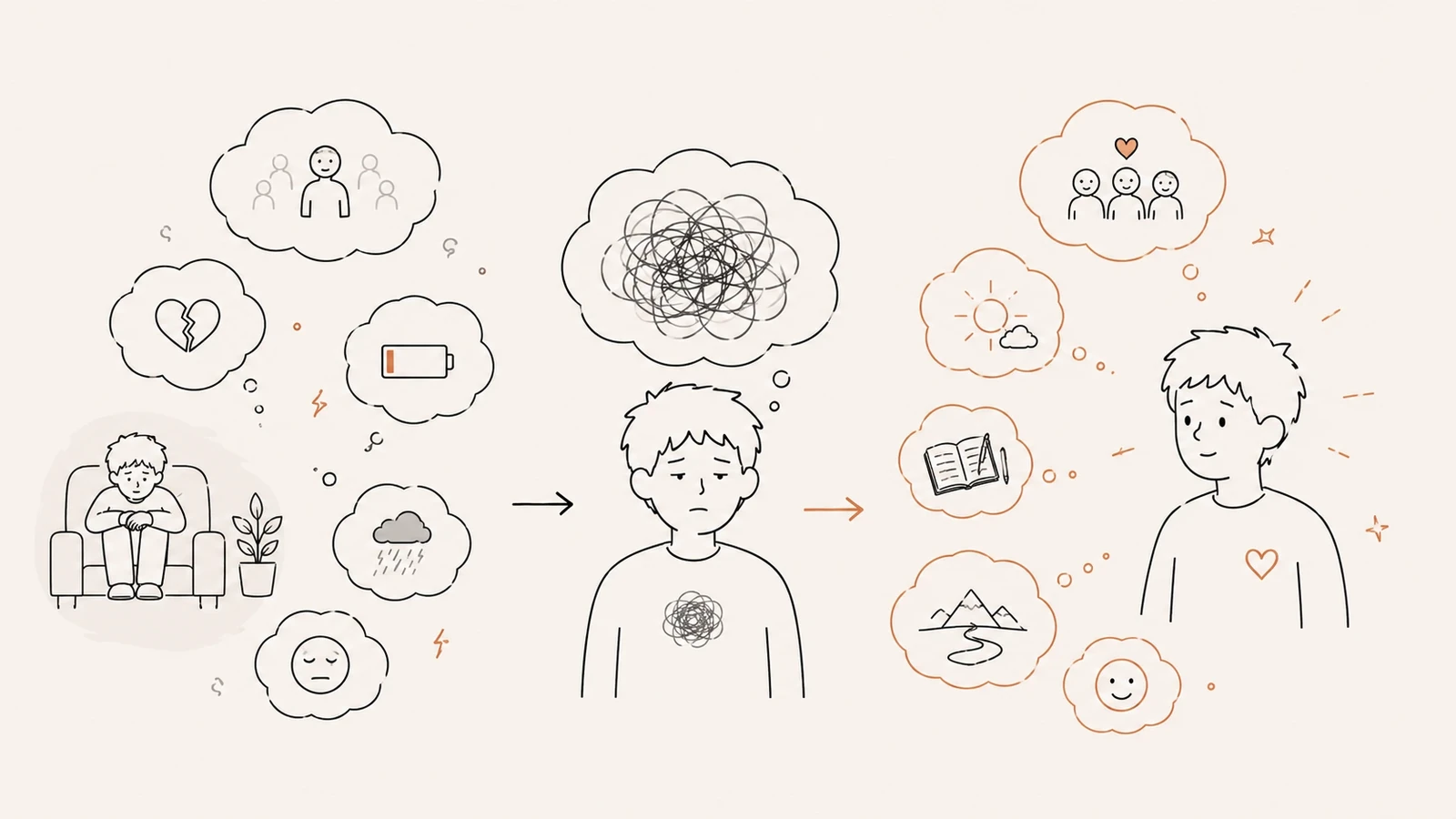 Three panels showing a person moving from sitting alone with thought bubbles of a broken heart, low battery, and a storm cloud, through a tangled scribble, to standing warmly beside another person with thought bubbles of the sun, a journal, and people who care
